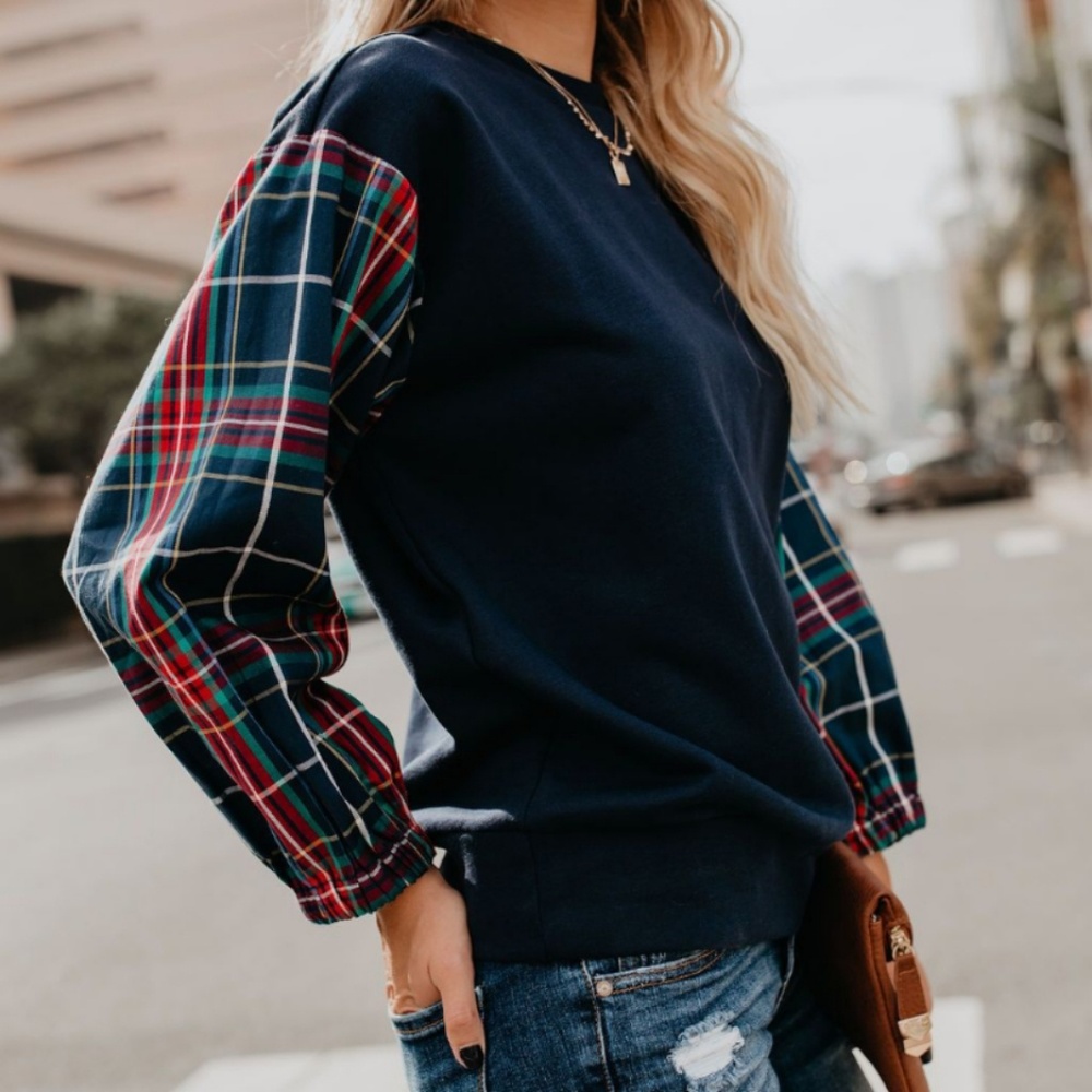 Plaid Sleeve Pullover